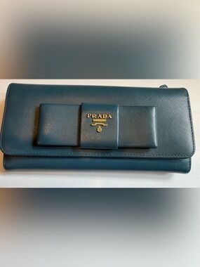 PRADA Saffiano Leather Blue Gold Logo  Continental Wallet with COA